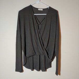 Hopely Cris Cross V-Neck Draped Asymmetric Long Sleeves  Waffle Knit Top Grey  L
